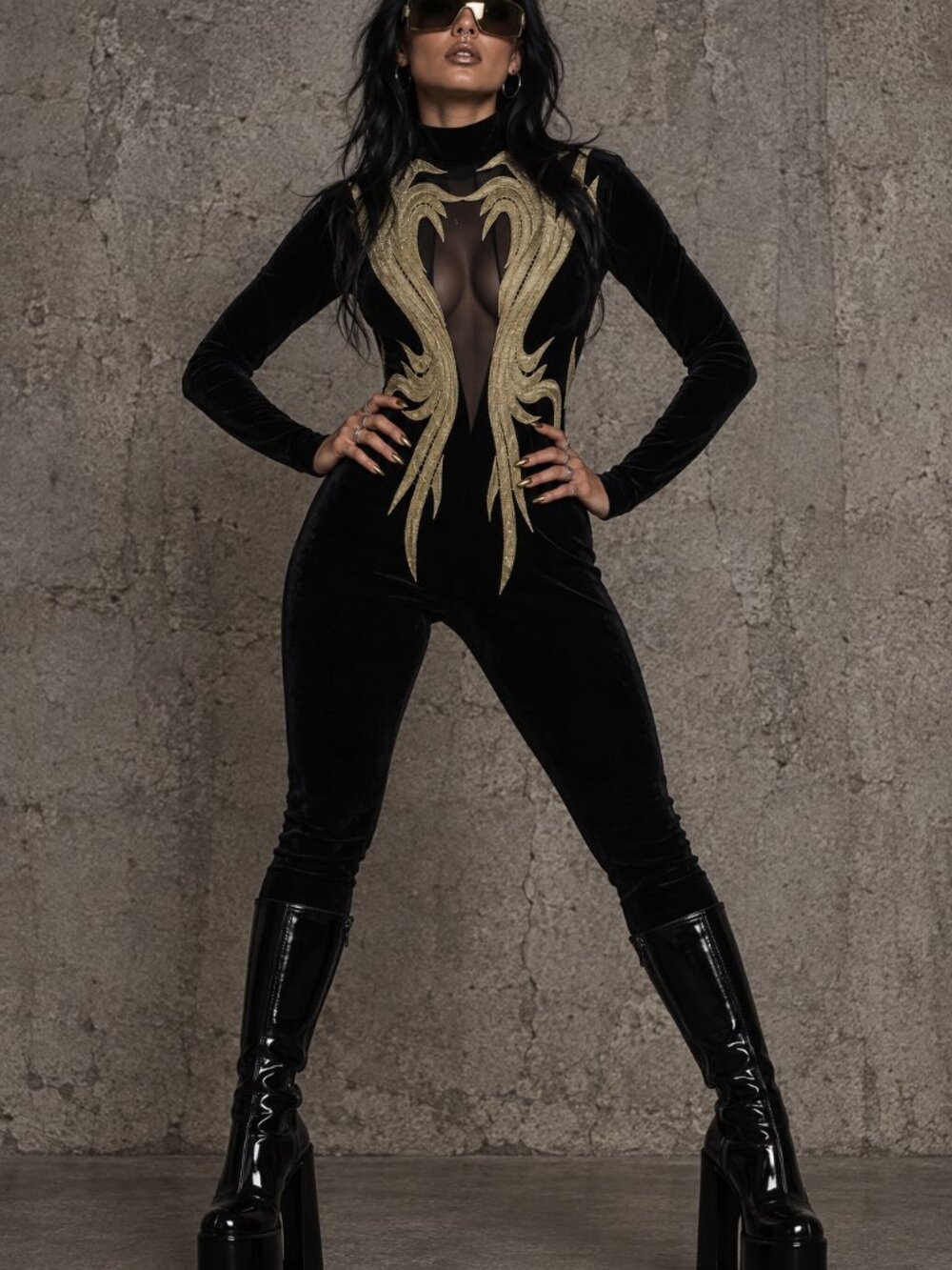 K Too Black Velvet Jumpsuit Gold Stitched Sheer Mesh Mock Neck Bodycon M